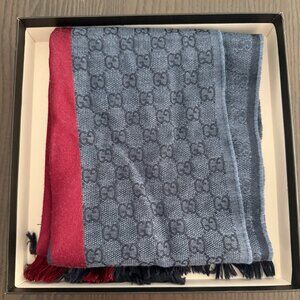 Navy Gucci Jacquard Wool Silk-Blend Scarf